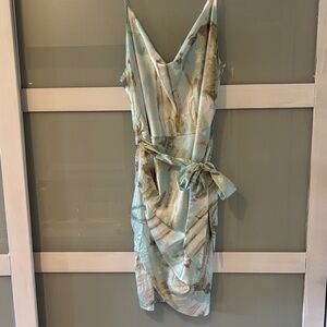 Simplee Apparel Light Blue and Gold Marble-Print Satin Midi Dress